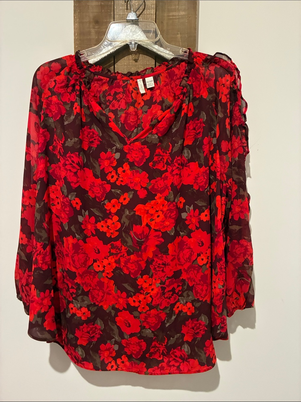 Women's Red Floral Sheer Ruffle-Neck Blouse